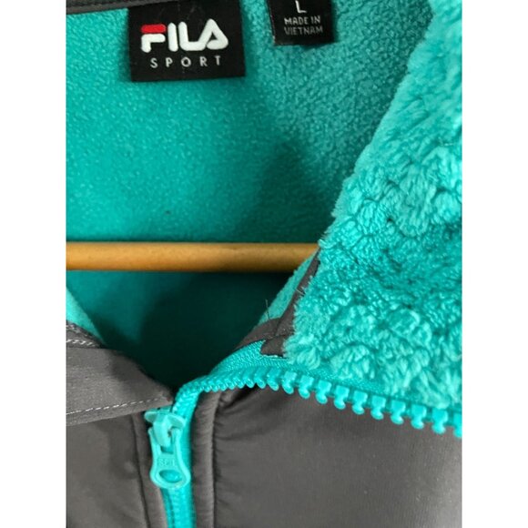 Fila Sport Womens Fleece Jacket L Turquoise & Gray Polyester Faux Fur Coat Zip - Picture 3 of 9
